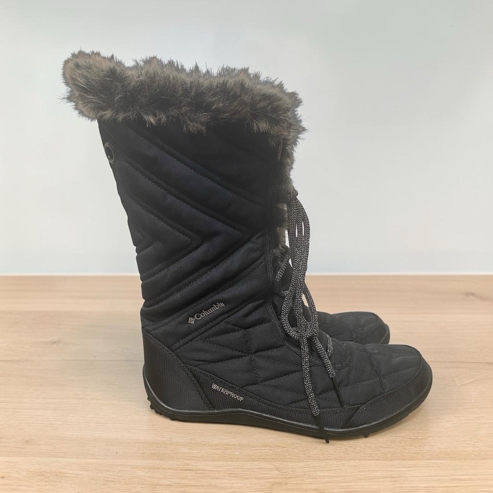 Columbia Winter Waterproof Boots Women 8.5 Black Quilted Faux Fur Snow Outdoor
